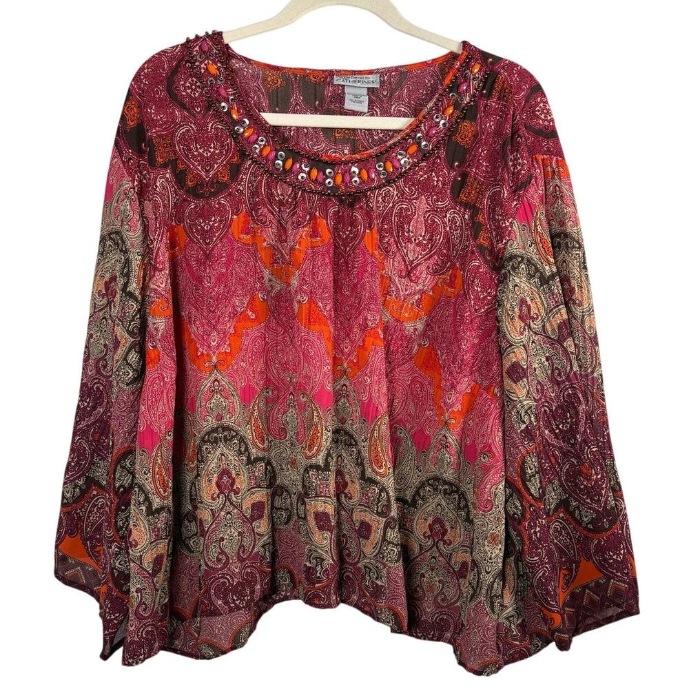 Maggie Barnes Catherines Pink Paisley Blouse Beaded Neck Boho Peasant Top 1X